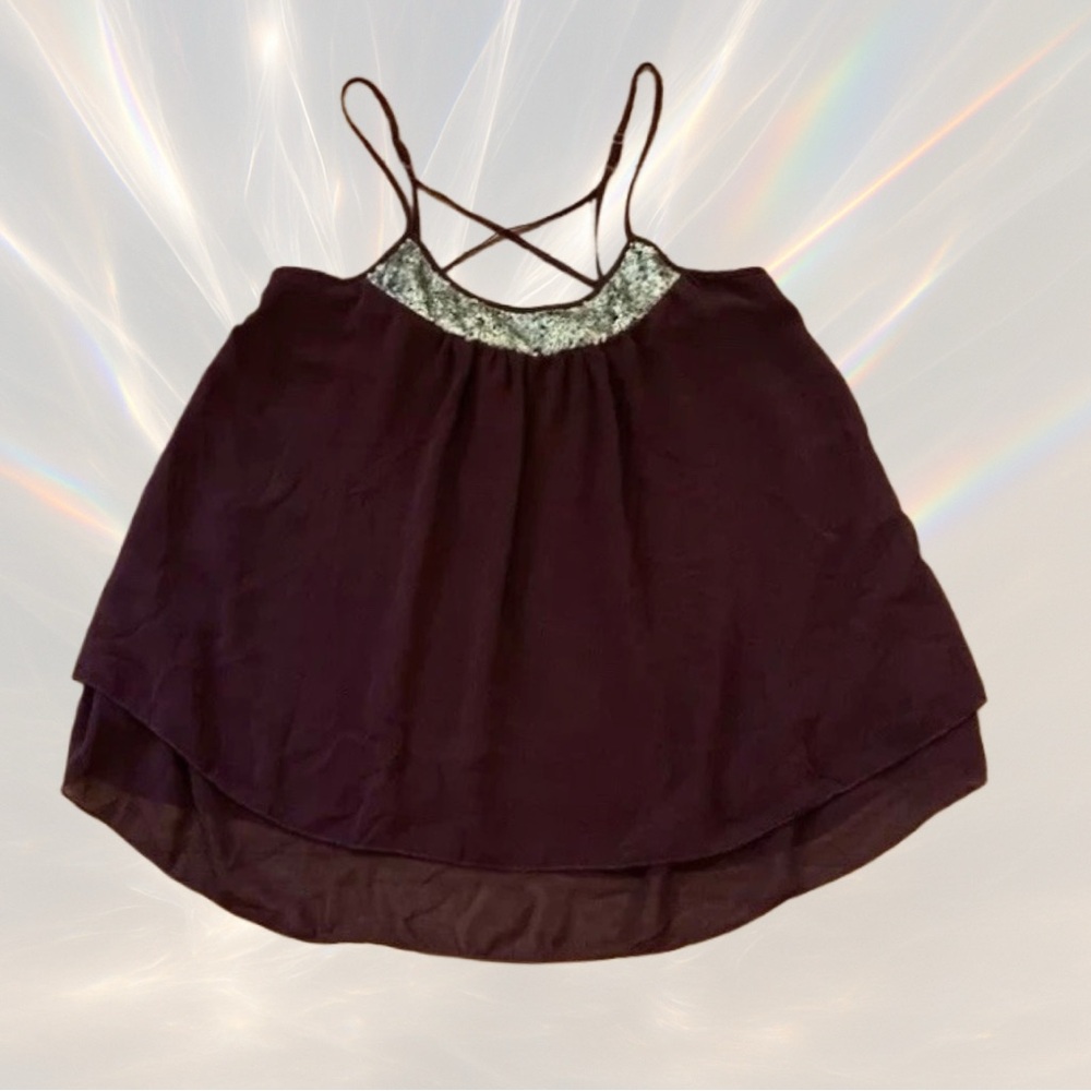 MOSSIMO Dark Wine Purple w/ Gold Sequin Crisscross Spaghetti Strap Flowy Tank M